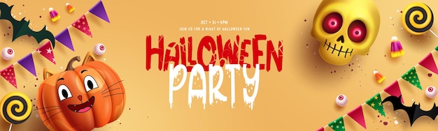 Diseño de banner vectorial de la fiesta de Halloween Tarjeta de invitación de Halloween con personaje de calabaza linda de gato
