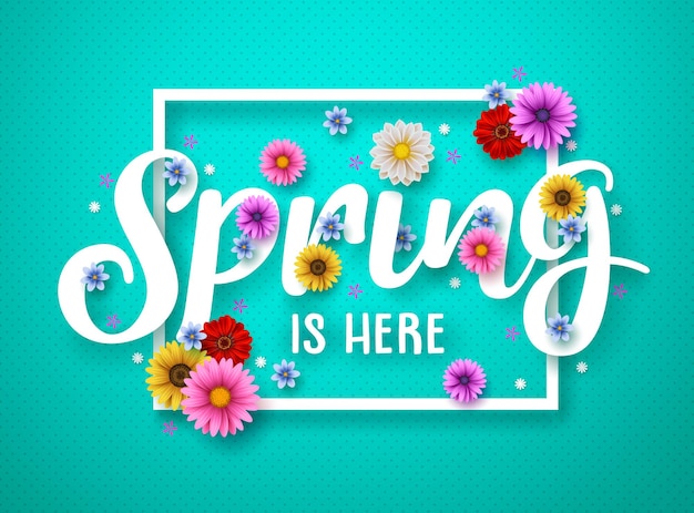 Diseño de banner vectorial de primavera. Texto de primavera con crisantemo de colores.