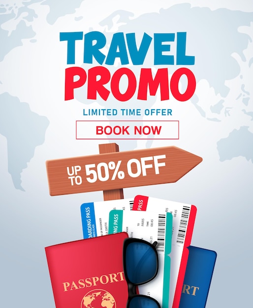 Diseño de banner vectorial de promoción de viaje. oferta promocional de viaje en el espacio del mapa mundial para texto