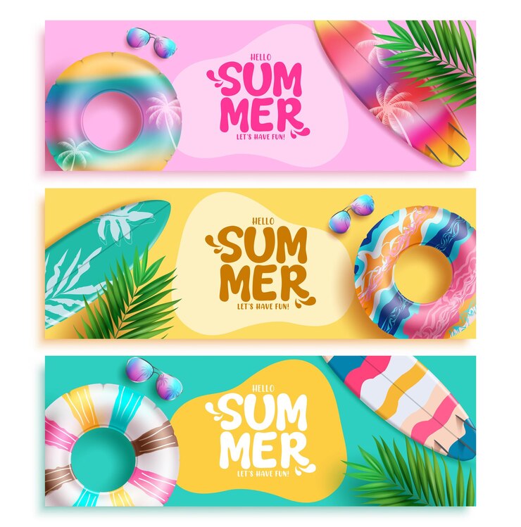 Vector diseño de banner vectorial de saludos de verano salud de verano texto de saludos con flotadores coloridos