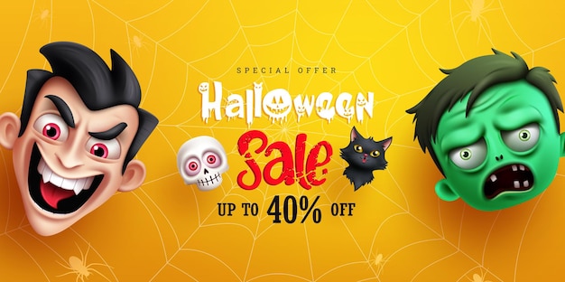 Diseño de banner vectorial de texto de venta de Halloween descuento de oferta especial de Halloween con vampiro y zombie