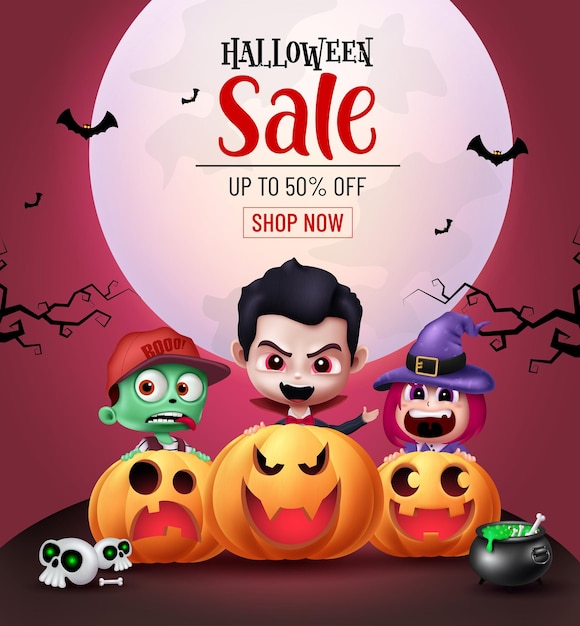 Diseño de banner vectorial de texto de venta de Halloween Venta de oferta de descuento de compras de Halloween con bruja vampiro