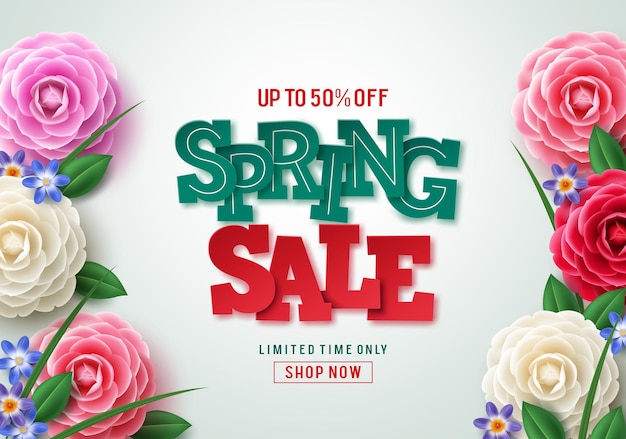 Diseño de banner vectorial de venta de primavera. texto 3d de venta de primavera con coloridos elementos florales de camelia en fondo blanco.
