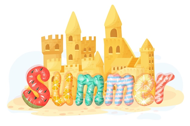 Diseño de banner vectorial de verano con elementos de playa coloridos aislados sobre fondo blanco letras de aire inflado castillos de arena ilustración vectorial