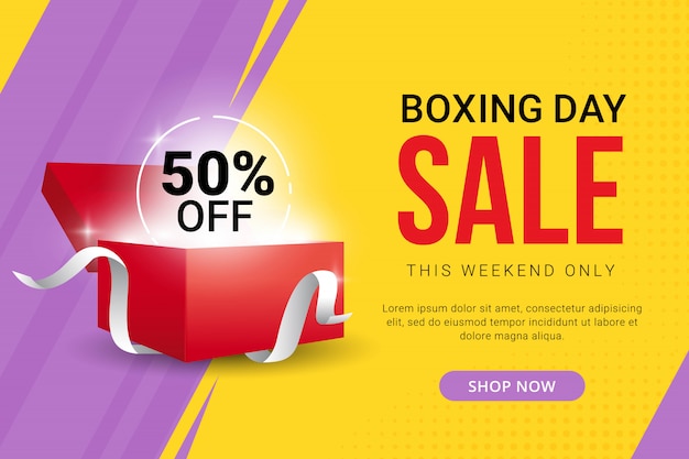 Diseño de banner de venta de boxing day con oferta de descuento