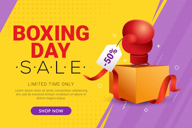 Diseño de banner de venta de Boxing Day con oferta de descuento