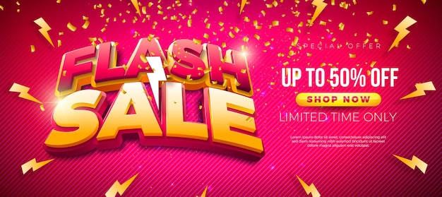 Diseño de banner de venta flash del día de compras con letras de tipografía 3D en fondo de confeti que cae