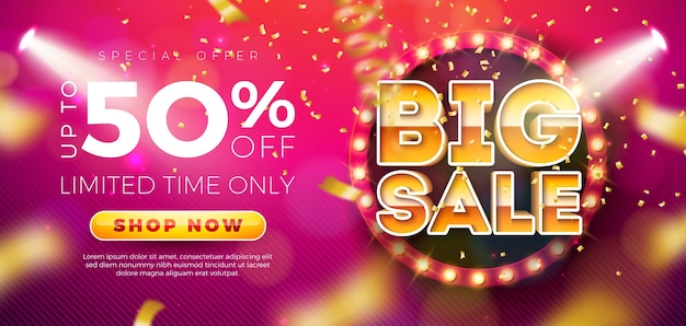 Diseño de banner de venta grande del día de compras con cartel de bombillas y etiqueta de texto dorado en la caída