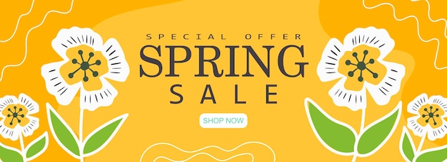Diseño de banner de venta de primavera decorado con flores ilustración vectorial dibujada a mano