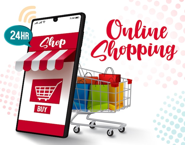 Diseño de banner de venta de vector de compras en línea Texto de compras en línea con carrito de teléfono inteligente y bolsa de papel