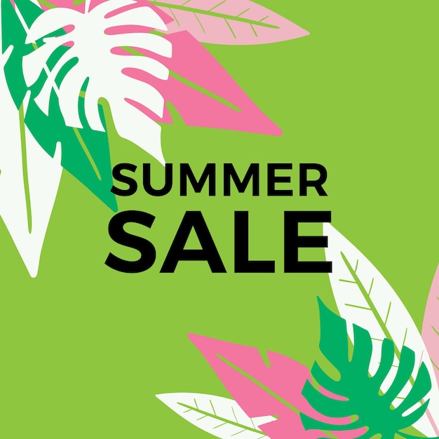Diseño de banner de venta de verano con fondo de hojas tropicales. Vector de fondo floral. Hojas de palmera, hoja de monstera, diseño de fondo botánico para impresiones enmarcadas de pared, arte de pared, invitación, póster