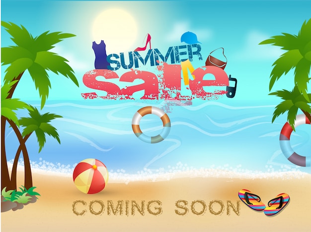 Diseño de banner de venta de verano con fondo de playa.
