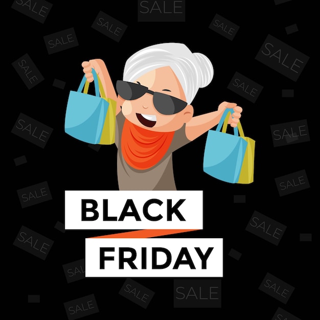 Vector diseño de banner de venta de viernes negro con mujer sosteniendo bolsas de compras en las manos