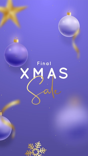 Diseño de banner vertical de venta de navidad con copos de nieve de bolas colgantes realistas