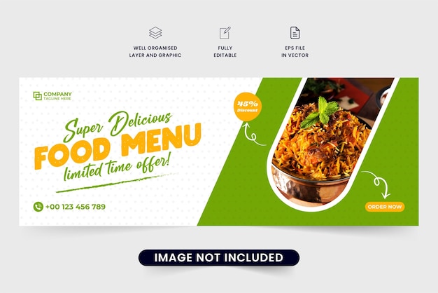 Diseño de banner web de comida de restaurante con colores naranja y verde Vector de portada de redes sociales de menú de comida con efecto de pincel abstracto Diseño de plantilla de oferta de descuento de menú de comida para marketing en redes sociales