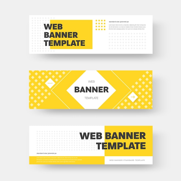 Diseño de banner web horizontal rectangular con botones de rombos, cuadrados y flechas. Plantilla en amarillo, blanco y negro. Diseño para publicidad