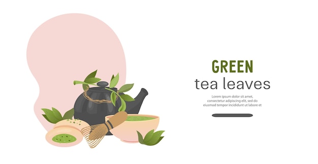 Diseño de banner web o cartel publicitario de bebidas de matcha y té verde para casas de té y tiendas Ilustración vectorial plana Diseño de banderín personalizado para menú de té y ventas