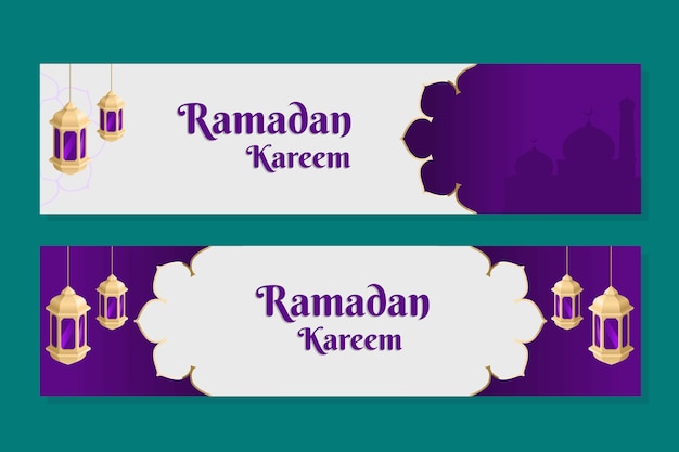 Vector diseño de banner web ramadan kareem con linternas doradas sobre fondo morado y marrón