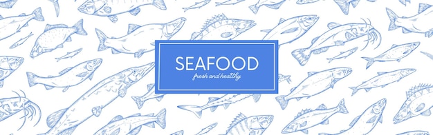 Diseño de banner web de restaurante de mariscos en estilo dibujado a mano Plantilla de póster horizontal con patrones vintage de diferentes especies de peces de lagos marinos Ilustración vectorial de contorno detallado