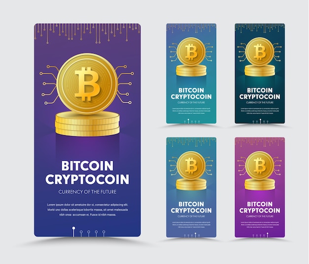 Diseño de un banner web vertical con una moneda de oro de bitcoin moneda criptográfica en una pila.