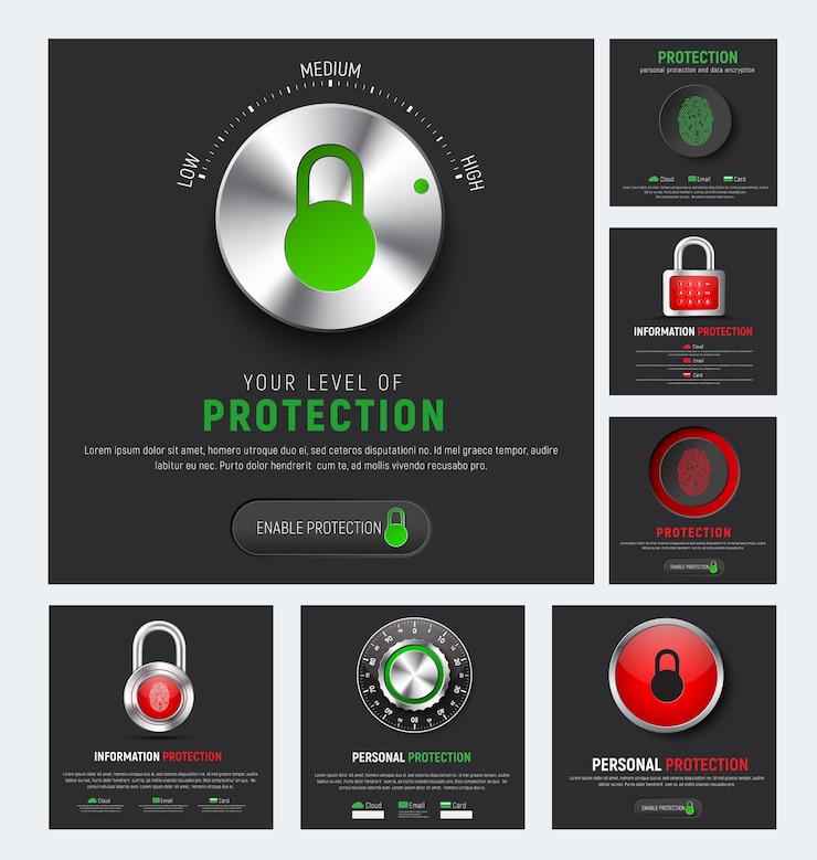 Vector diseño de banners cuadrados negros para proteger la información. plantillas web con candado, cerradura de combinación mecánica, botón rojo con huella y controlador de nivel para la protección de la nube