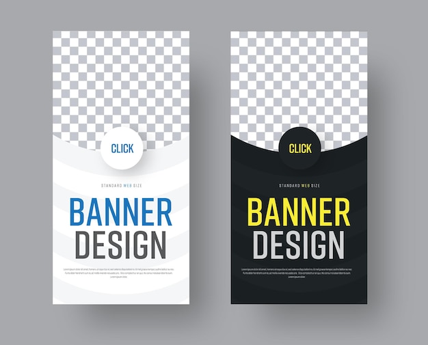 Diseño de banners web verticales en blanco y negro con elementos semicirculares y un lugar para fotos.