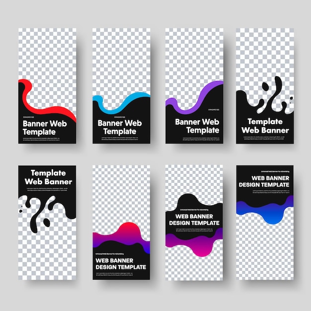 Vector diseño de banners web verticales negros con lugar para fotografías y formas de colores ondulados. plantillas de tamaño estándar para empresas y publicidad. ilustración. colocar