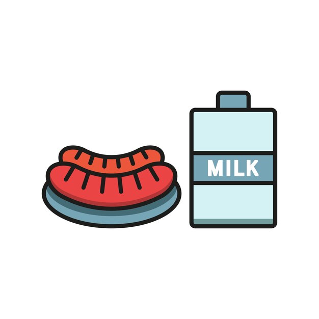 Diseño básico del icono vectorial de alimentos del conjunto de leche y salchichas