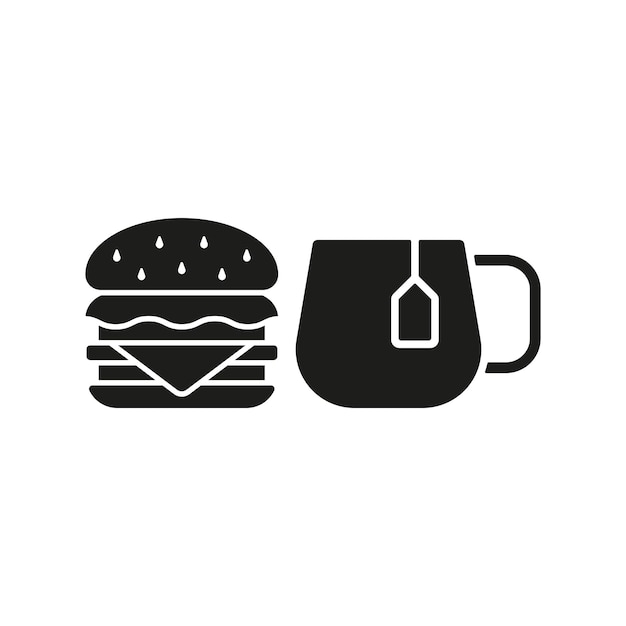 El diseño básico del vector de iconos de alimentos del conjunto de té y hamburguesas