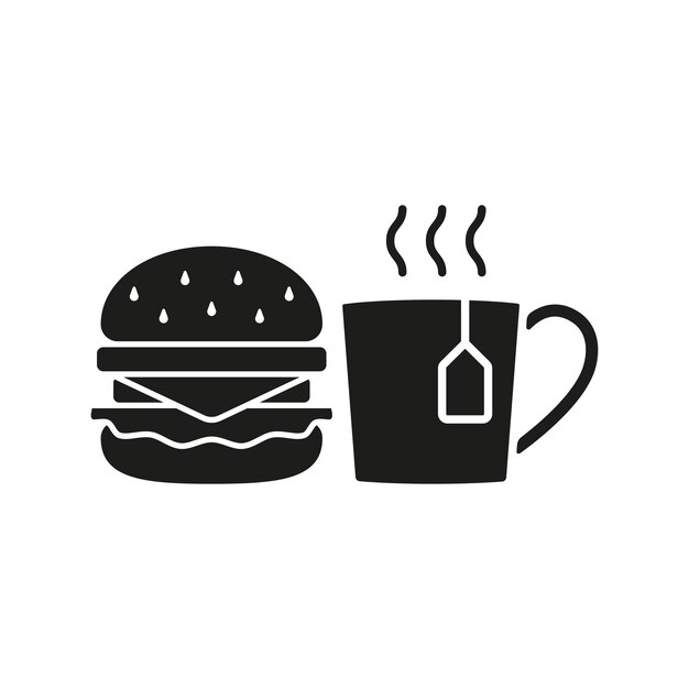 El diseño básico del vector de iconos de alimentos del conjunto de té y hamburguesas