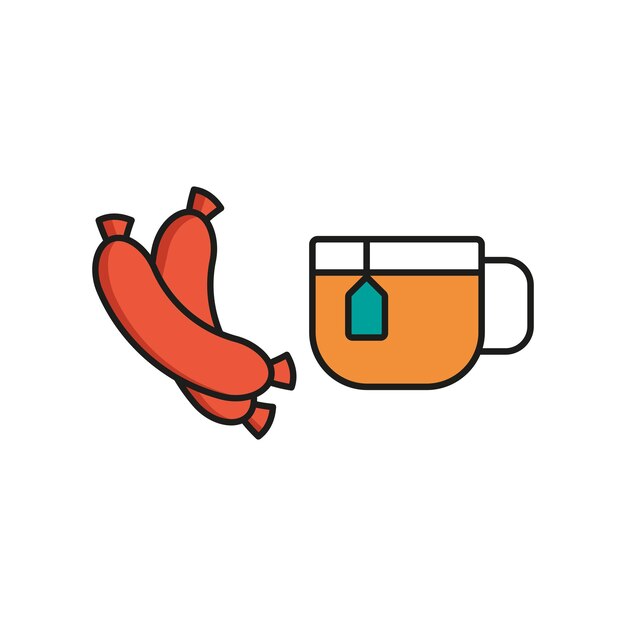 El diseño básico del vector de iconos de alimentos del conjunto de té y salchichas