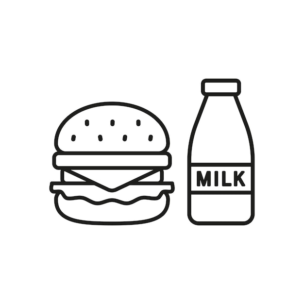 Diseño básico vectorial de iconos de alimentos de conjunto de leche y hamburguesas