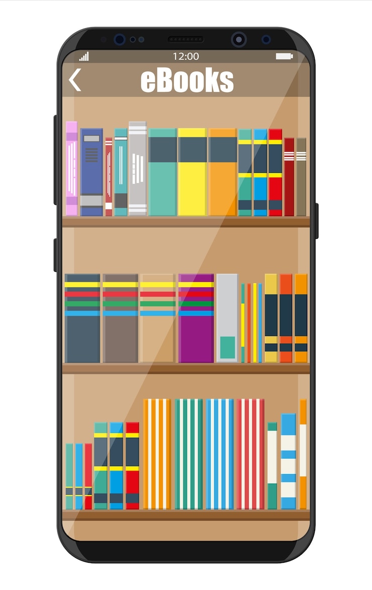 Vector diseño de biblioteca de libros electrónicos para teléfonos inteligentes