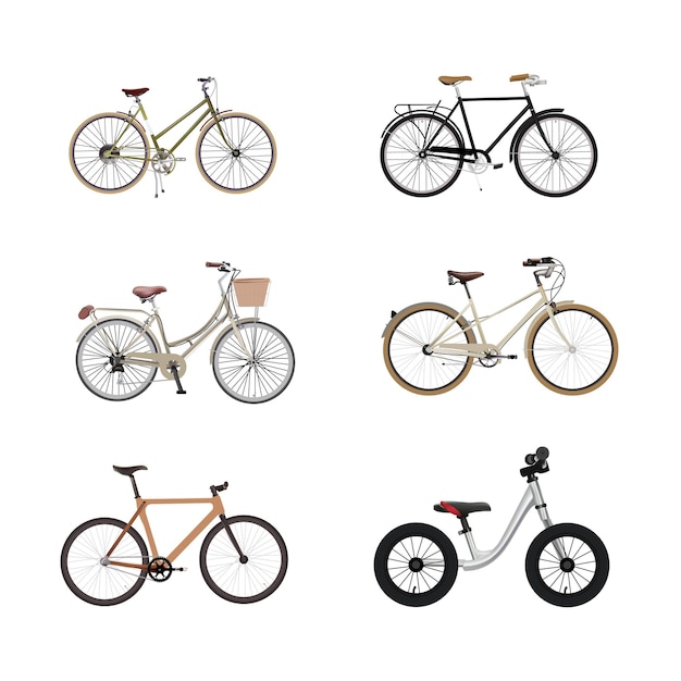 Diseño de bicicletas, conjunto de ilustraciones de bicicletas realistas.