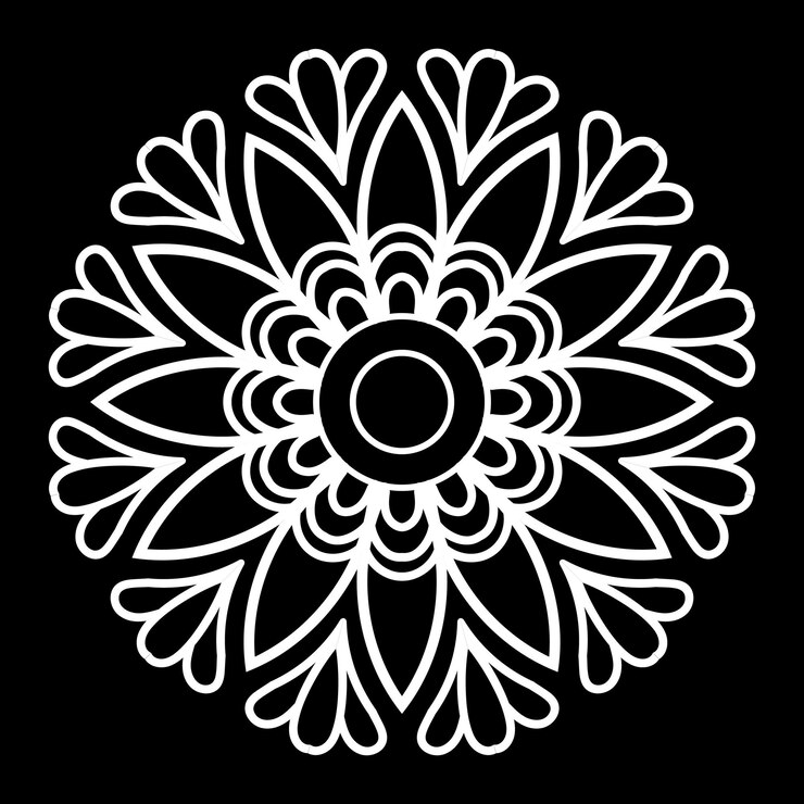 un diseño en blanco y negro con un círculo y un círculo de flores blancas