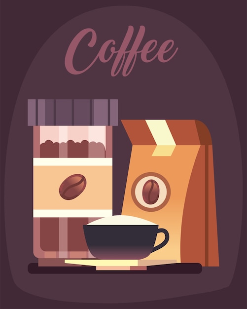 Vector diseño de bolsa y taza de tarro de granos de café con tema de desayuno y bebida con cafeína