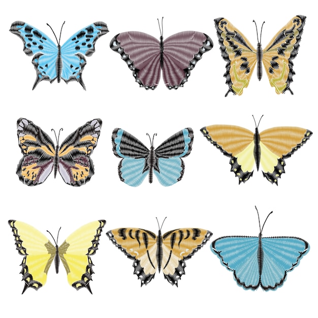 Diseño de bordado de mariposa para la ropa. decoración de insectos vectores.