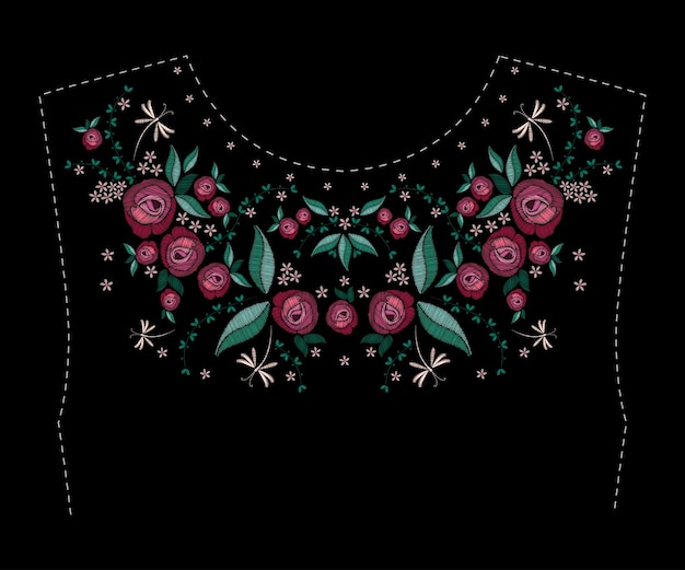 Diseño de bordado de punto satinado con flores. Patrón de moda floral de línea popular para cuello de vestir. Adorno de moda étnica para cuello sobre fondo negro. Ilustración de vector colorido.