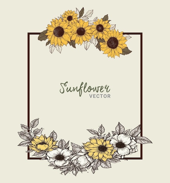 Diseño de borde de esquina de girasol dibujado a mano Vector
