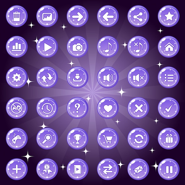 Vector el diseño de botones e iconos para juegos o temas web es de color púrpura.
