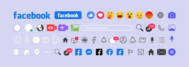 Diseño de botones de Facebook Plantilla de interfaz de red de redes sociales Recomendaciones de página de inicio Suscripciones flujo de comunicación Emoji nuevo mensaje mensajero Historias gustado Ilustración editorial