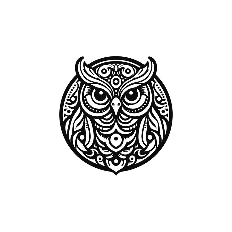 Diseño de búho con tallas de flores circulares en fondo blanco y negro