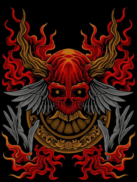 diseño de cabeza de calavera e ilustrador de fuego ardiente