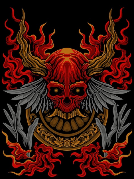 diseño de cabeza de calavera e ilustrador de fuego ardiente