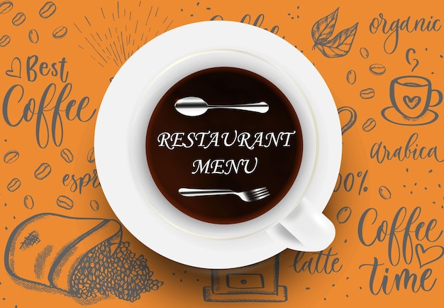 Diseño de café de menú de restaurante en color naranja con taza de porcelana y silueta de tenedor y cuchara Sustrato de fondo en un tema de café Para diseño de decoración