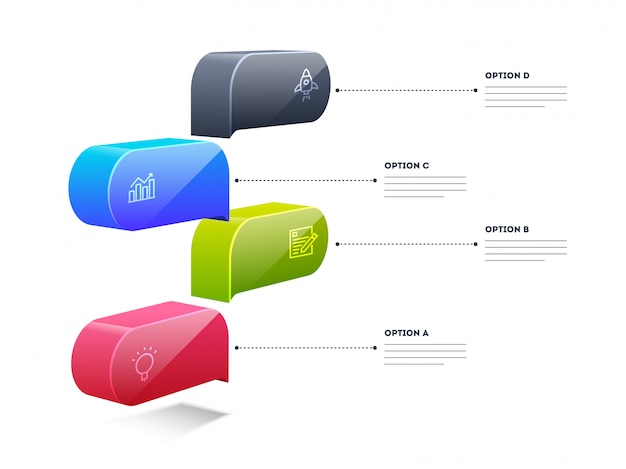 Diseño de caja de elemento infográfico colorido 3d con plantilla de 4 pasos