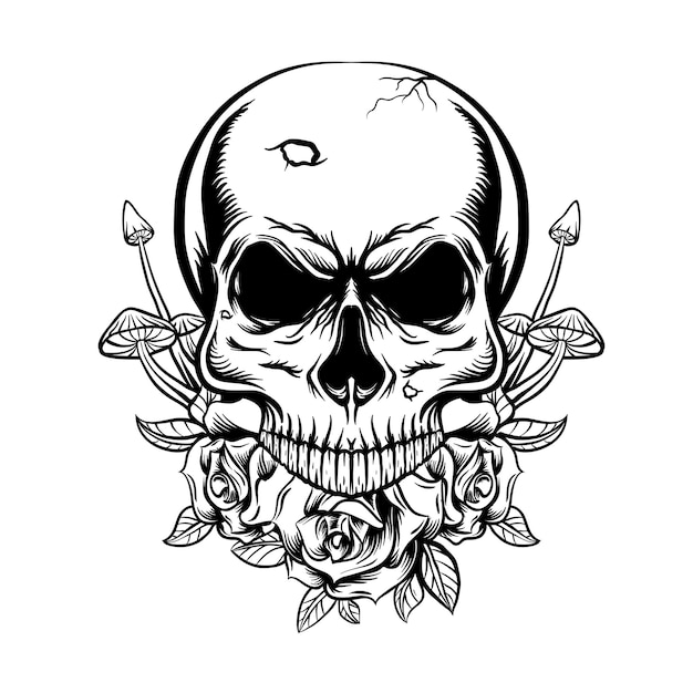 Diseño de calavera y hongo en blanco y negro para camiseta vector gratuito