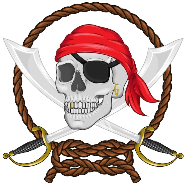 Vector diseño de calavera pirata con espadas y cuerda.