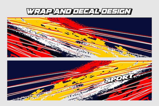 El diseño de la calcomanía de envoltura de automóviles deportivos y el fondo de librea azul marino en color amarillo Vector EPS 10