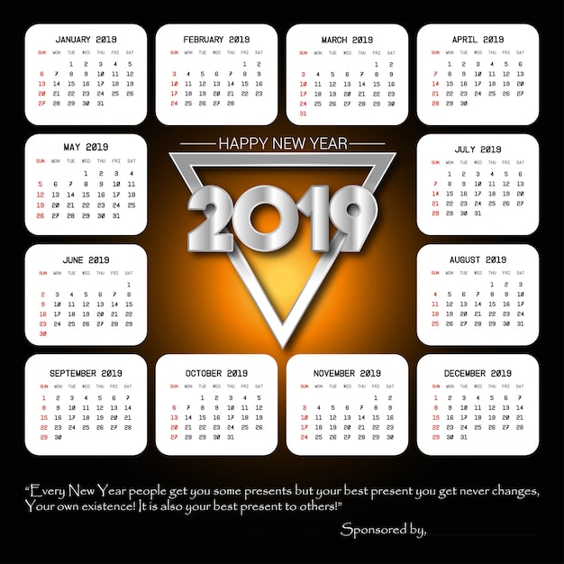 Diseño de calendario 2019 con vector de fondo negro